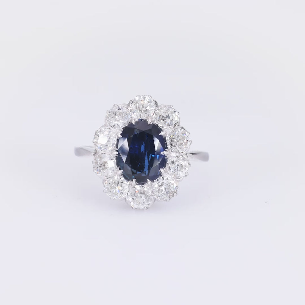 Edwardian GIA 1.67 carat Burma no heat sapphire diamond platinum cluster ring Jack Weir & Sons