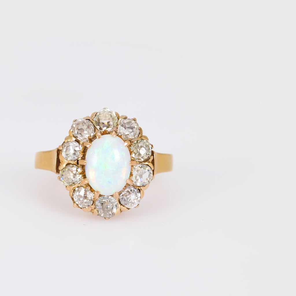 Victorian opal old mine cut diamond 18k yellow gold cluster ring Jack Weir & Sons