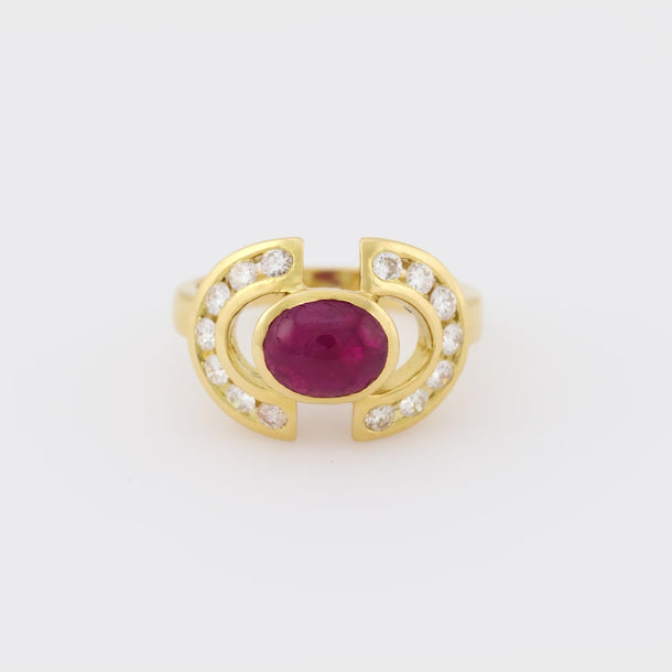 Vintage 1.75 carat cabochon cut ruby diamond 18k yellow gold cocktail ring Jack Weir & Sons