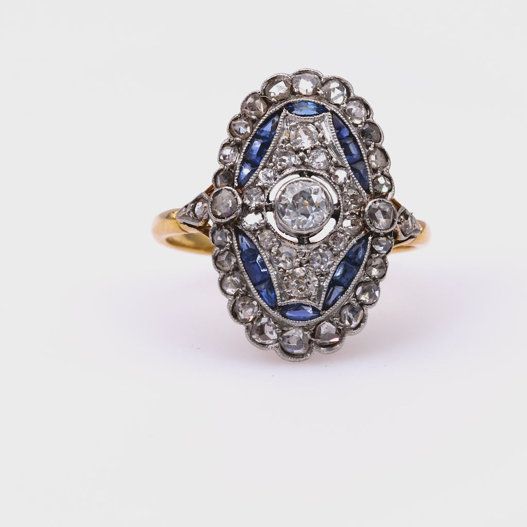 French Belle Epoque Diamond Sapphire Gold and Platinum Ring