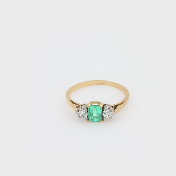 Edwardian emerald diamond 18k yellow gold three stone ring Jack Weir & Sons