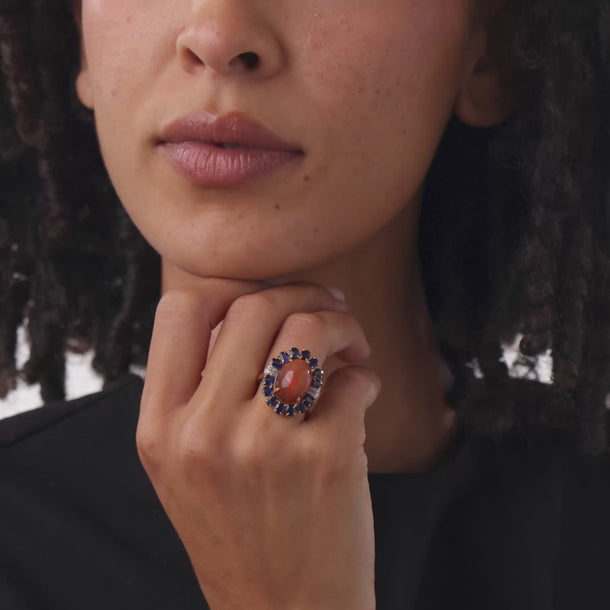 Vintage 7.70 carat fire opal sapphire diamond 14k yellow gold cluster ring