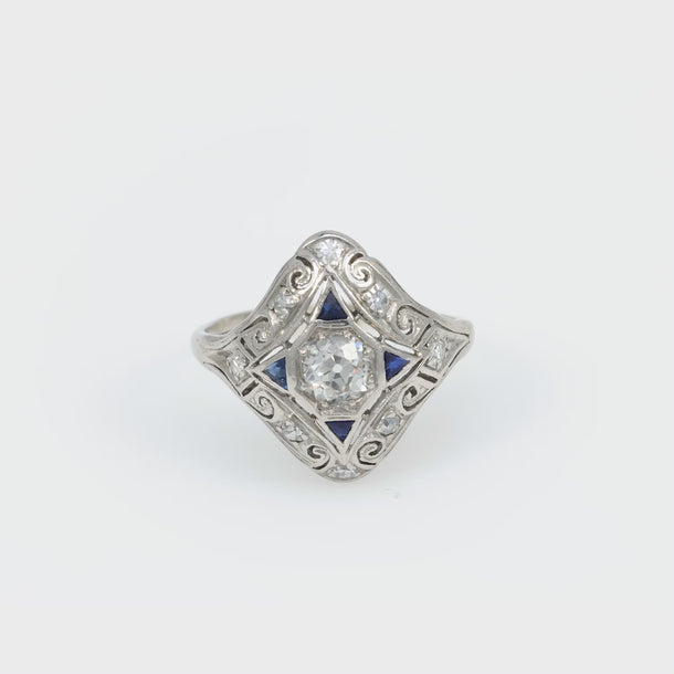 Art Deco diamond sapphire platinum filigree shield ring Jack Weir & Sons