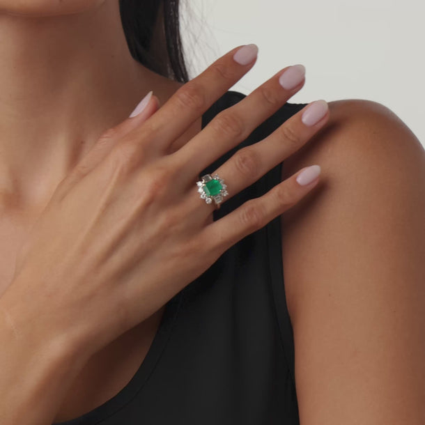 Mid Century GIA 2.20 carat Colombian emerald diamond 18k white gold cluster ring
