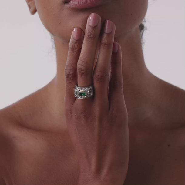 Retro style 1.38 carat emerald diamond platinum tank ring