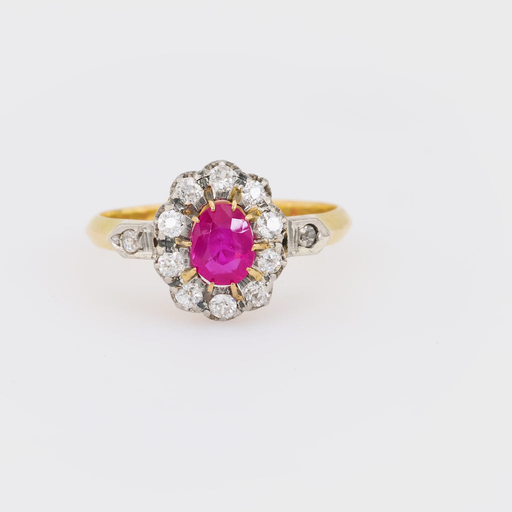 Antique French Ruby Diamond 18K Yellow Gold Cluster Ring