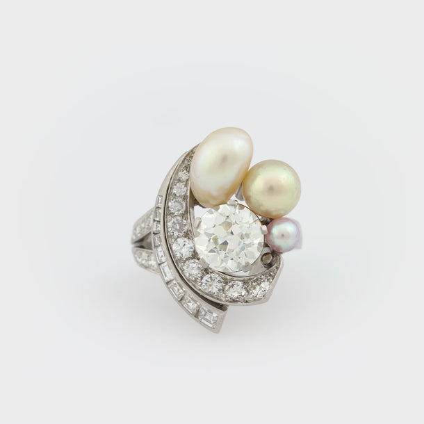 Mid Century GIA 2.25 carat diamond natural pearl platinum cocktail ring Jack Weir & Sons