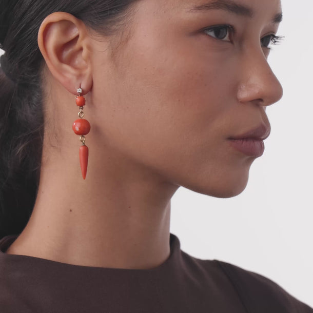 Victorian diamond coral 14k yellow gold earrings