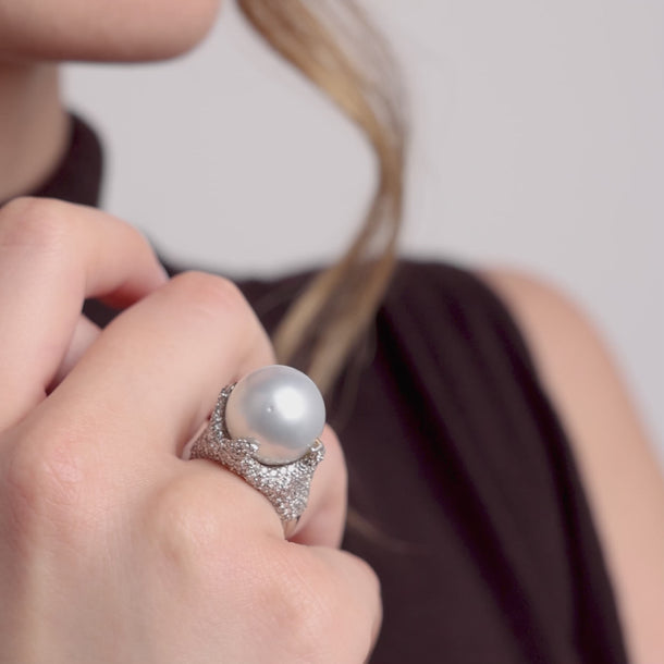 Vintage pearl diamond 18k white gold cocktail ring Rings Jack Weir & Sons