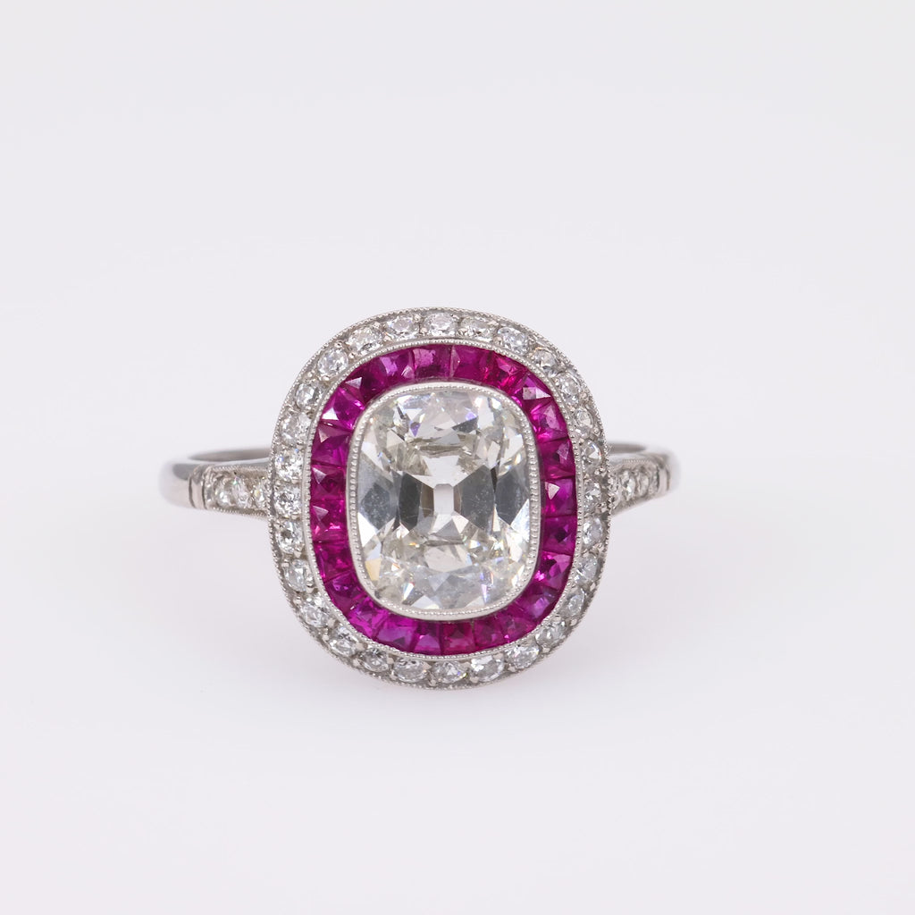 Art Deco Inspired 1.24 Carat Diamond Ruby Platinum Target Ring