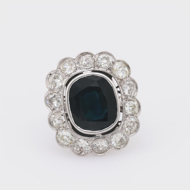 Edwardian GIA 5.25 carat no heat sapphire diamond 18k white gold cluster ring Ring Jack Weir & Sons