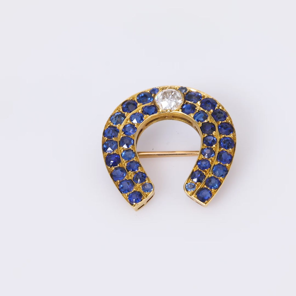 Victorian diamond sapphire 18k yellow gold horseshoe brooch