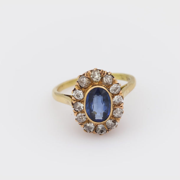 Victorian style sapphire diamond 18k yellow gold cluster ring Jack Weir & Sons