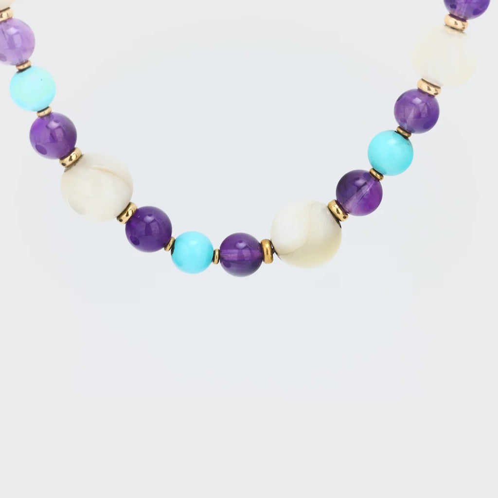 34" Italian mother of pearl amethyst turquoise 18k yellow gold bead necklace