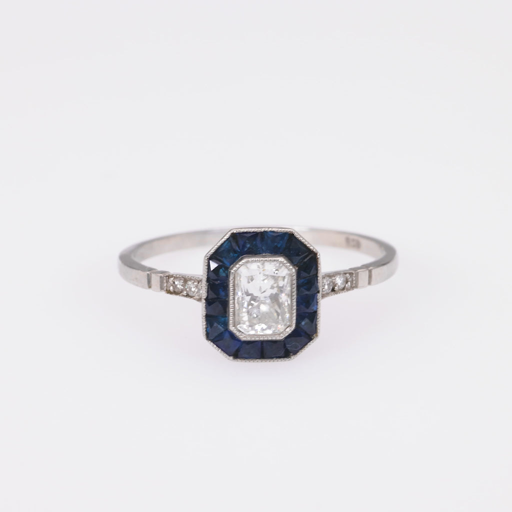 Art Deco Inspired .47 Carat Diamond Sapphire Platinum Ring