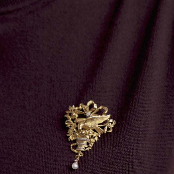Art Nouveau diamond pearl dove floral bouquet 18k yellow gold brooch Brooches Jack Weir & Sons
