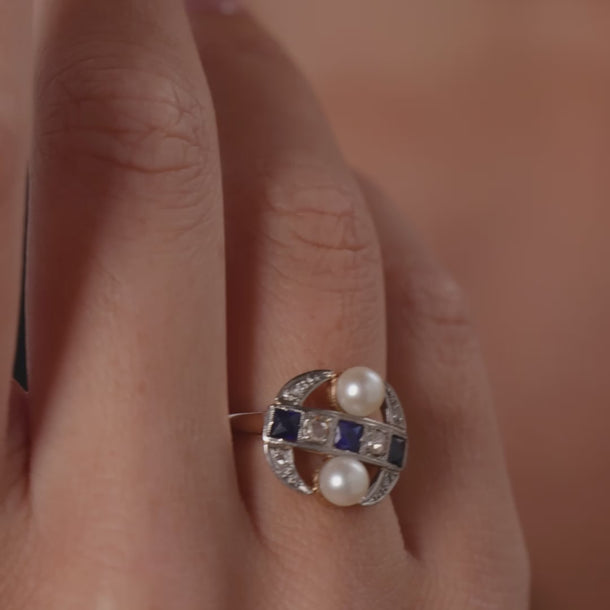 Edwardian pearl diamond sapphire two tone dinner ring Rings Jack Weir & Sons