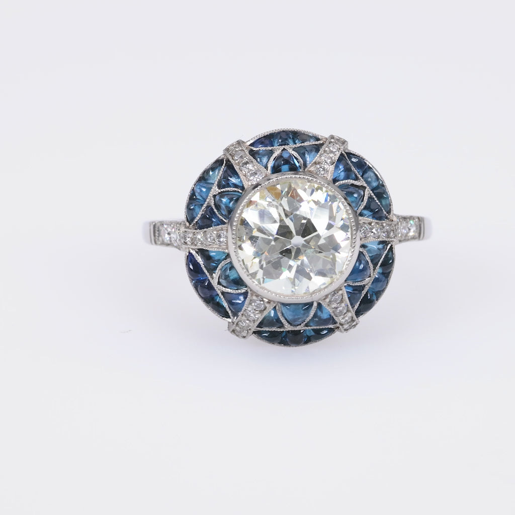 Art Deco Inspired 1.46 Carat Diamond Sapphire Platinum Target Ring Rings Jack Weir & Sons