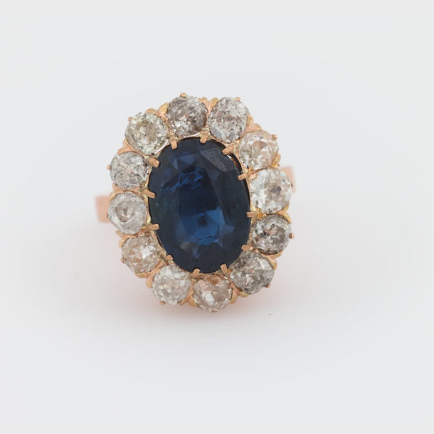 Victorian GIA 5.86 carat no heat sapphire diamond 18k rose gold cluster ring Jack Weir & Sons
