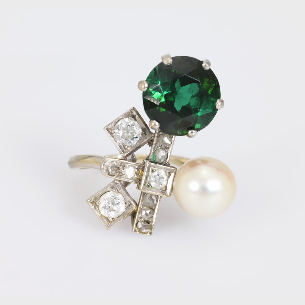 Mid Century French 4.60 carat green tourmaline pearl diamond 18k gold ring Jack Weir & Sons