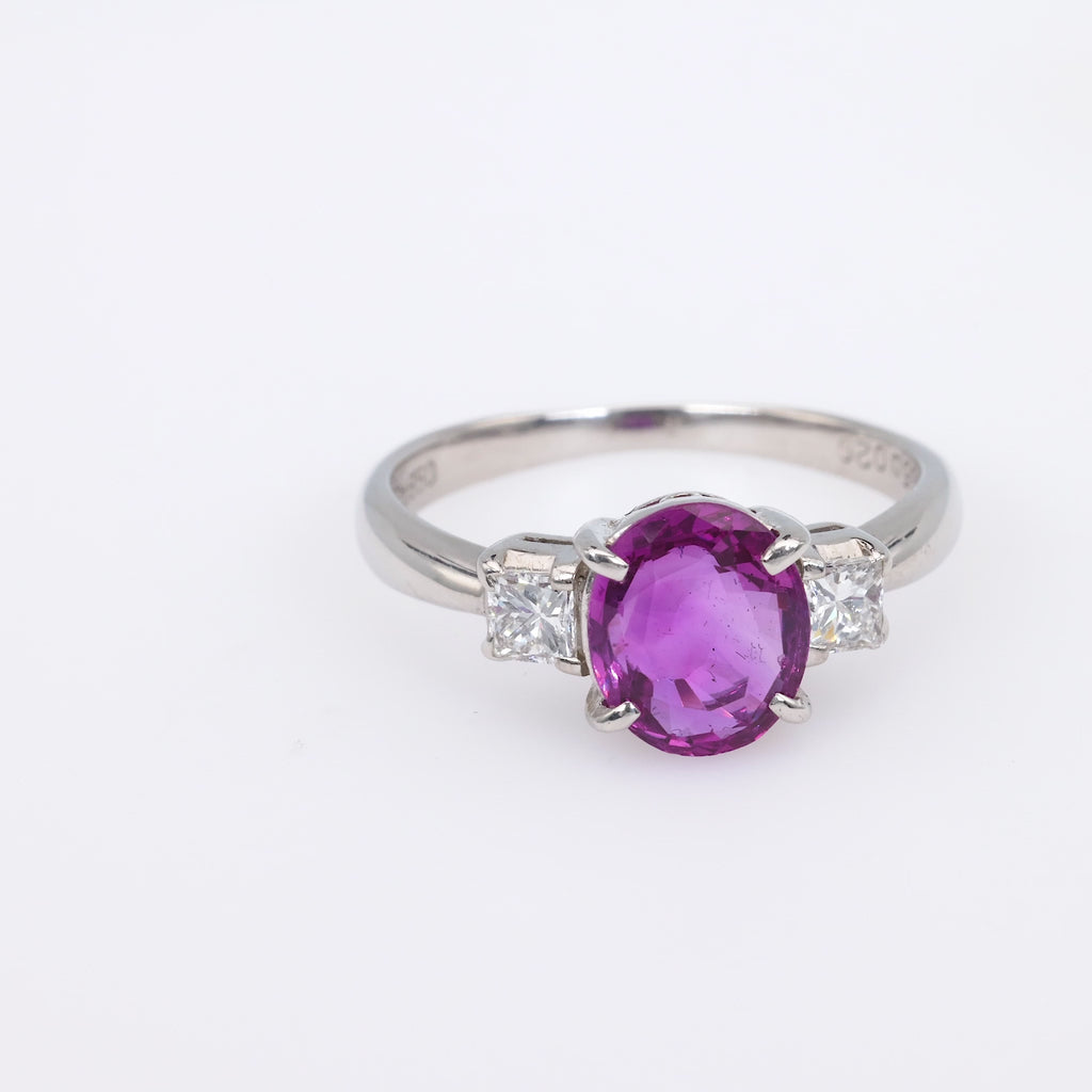 Contemporary 1.86 Carat Oval Pink Sapphire Diamond Platinum Three Stone Ring