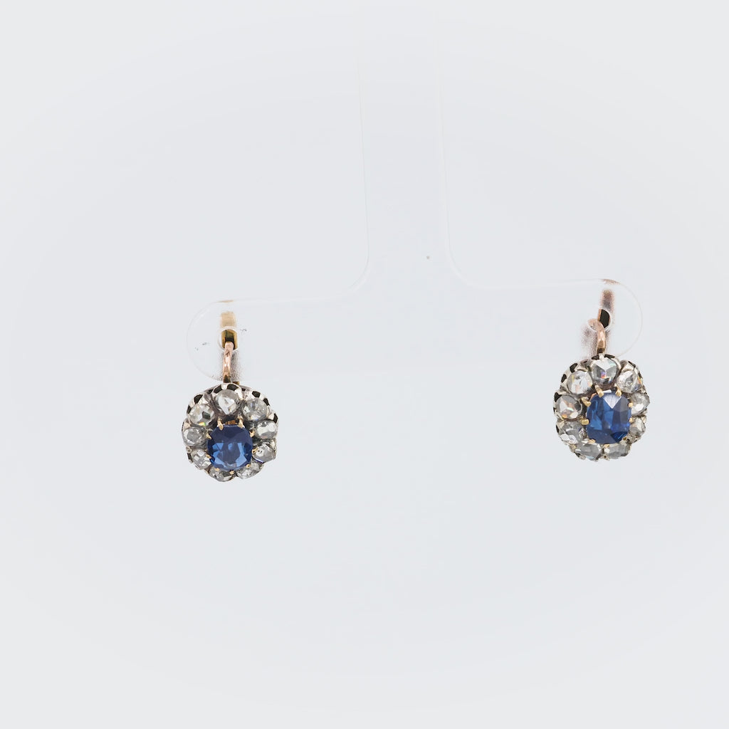 Antique French 1.7 Carat Sapphire Diamond 18K Rose Gold Silver Cluster Earrings