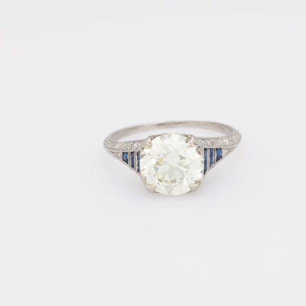 Art Deco GIA 2.67 carat old European diamond sapphire platinum engagement ring