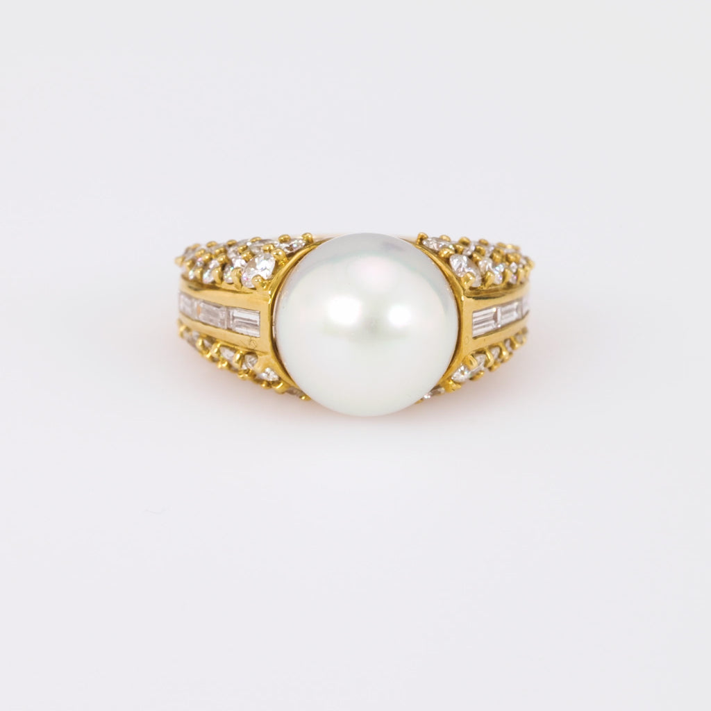 Vintage Cultured Pearl Diamond 18K Yellow Gold Cocktail Ring