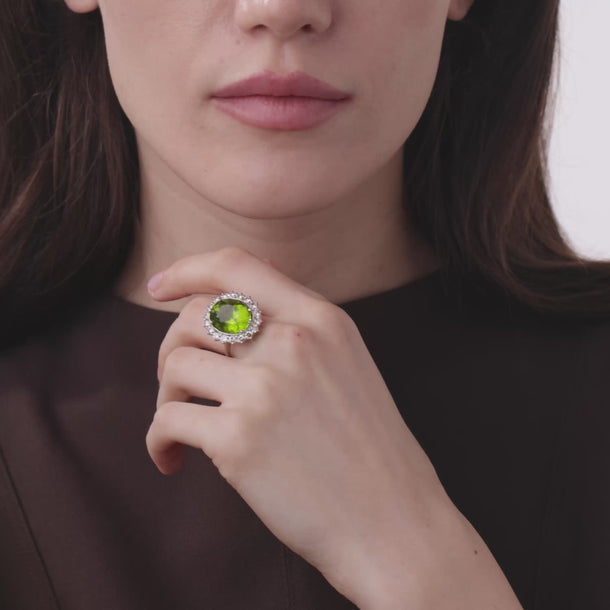 Vintage 9.08 carat peridot diamond 18k white gold cluster ring Rings Jack Weir & Sons