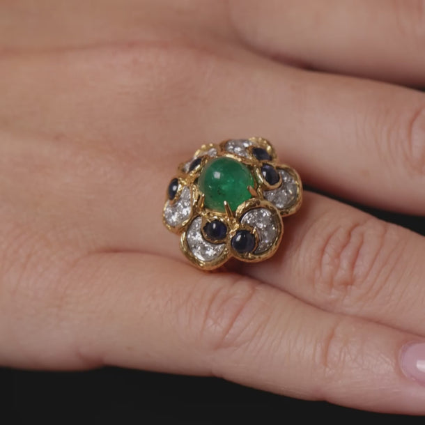 French vintage emerald sapphire diamond 18k yellow gold cocktail ring Rings Jack Weir & Sons