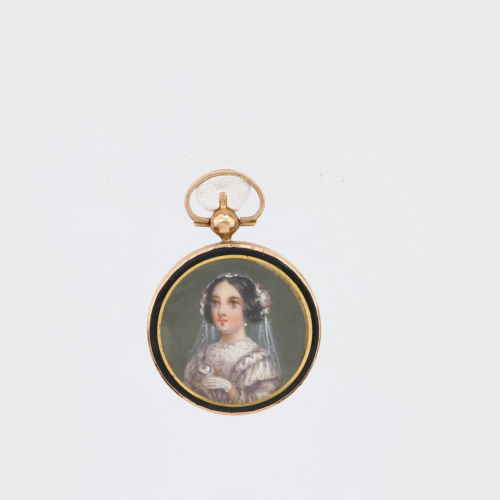 Victorian Enamel Portrait 14K Rose Gold Pendant