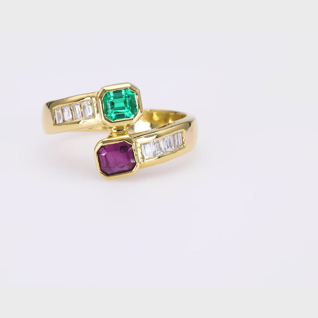 Emerald Ruby Diamond Yellow Gold Bypass Ring