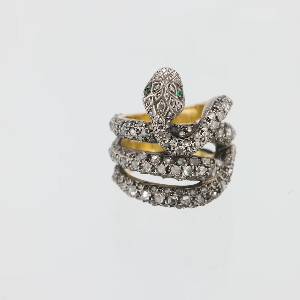 Vintage 2.60 carat diamond silver and 18k yellow gold snake ring Jack Weir & Sons