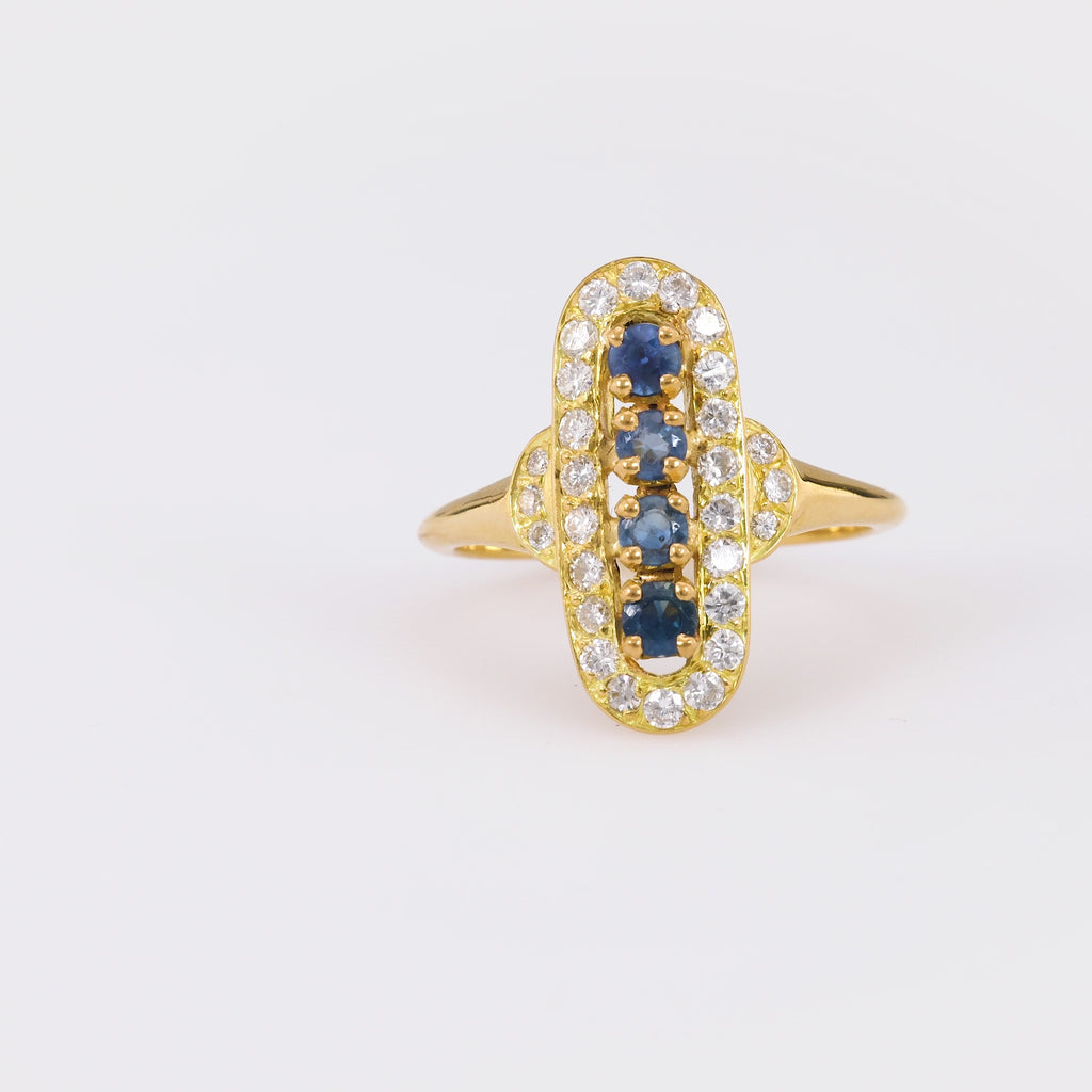 Vintage French Sapphire Diamond 18K Yellow Gold Navette Ring