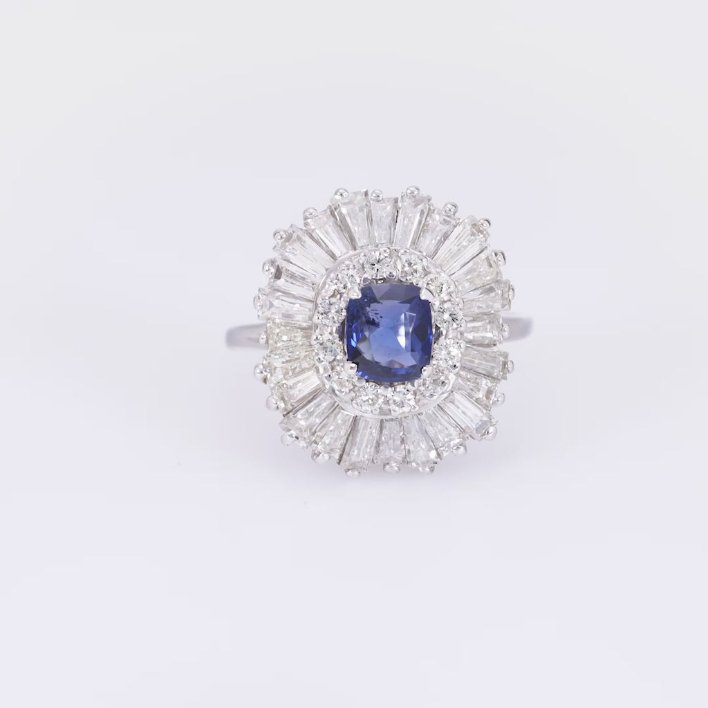 Vintage 1.12 carat sapphire diamond 18k white gold ballerina ring Jack Weir & Sons