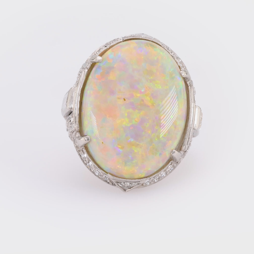 Art Deco 10 carat opal diamond platinum cocktail ring