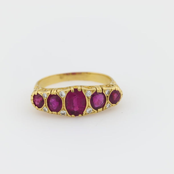 French Victorian 2.20 carat ruby 18k yellow gold 5 stone ring Jack Weir & Sons
