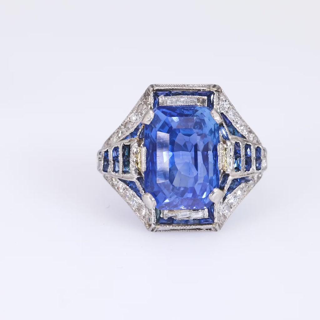 Art Deco French GIA 7.86 carat no heat sapphire diamond platinum ring Jack Weir & Sons