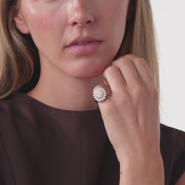 Mid Century opal diamond 14k white gold cocktail ring
