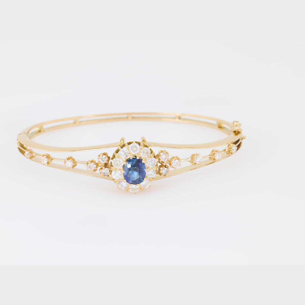 Victorian Inspired Sapphire Diamond 18K Yellow Gold Bangle