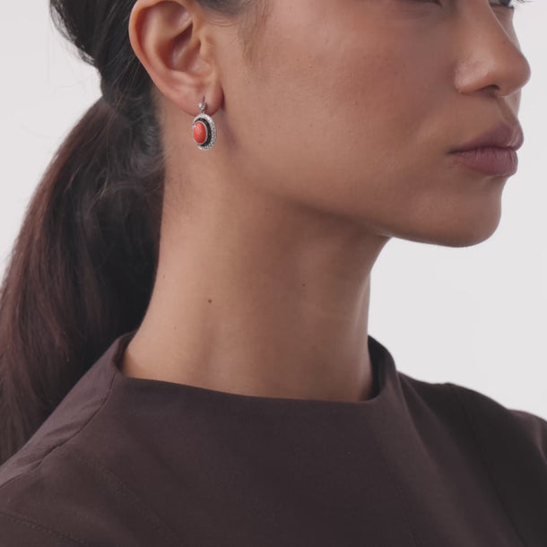Art deco style coral onyx diamond platinum drop earrings