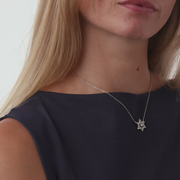 Mid Century diamond 18k white gold star of David necklace