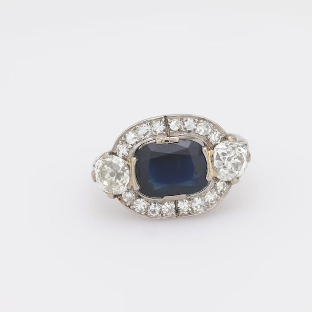 Art Deco GIA 2.25 carat no heat sapphire diamond 18k white gold ring