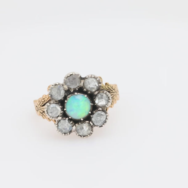 Victorian opal rose cut diamond 14k yellow gold silver cluster ring