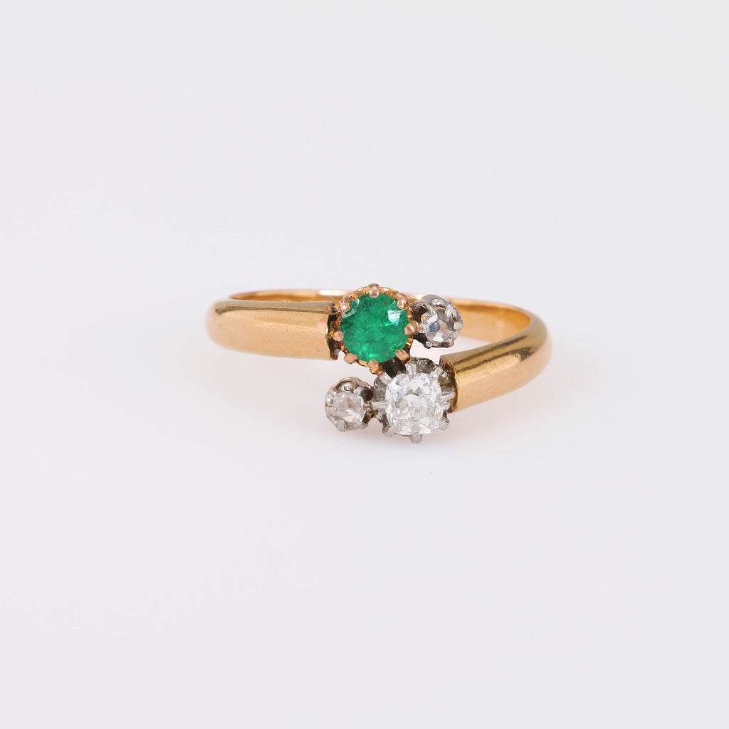 Victorian French Emerald Diamond 18K Rose Gold Toi Et Moi Ring