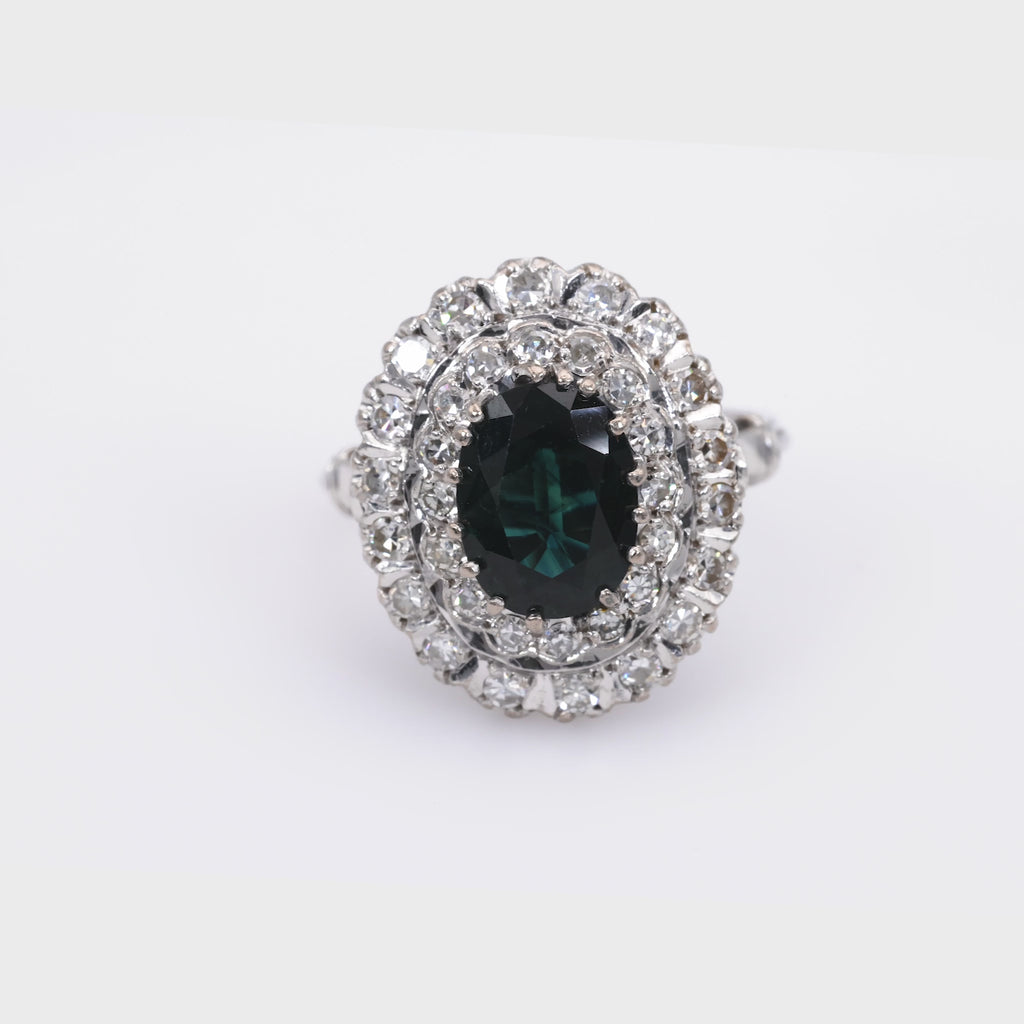 Vintage GIA Oval Sapphire Diamond 18K White Gold Halo Ring