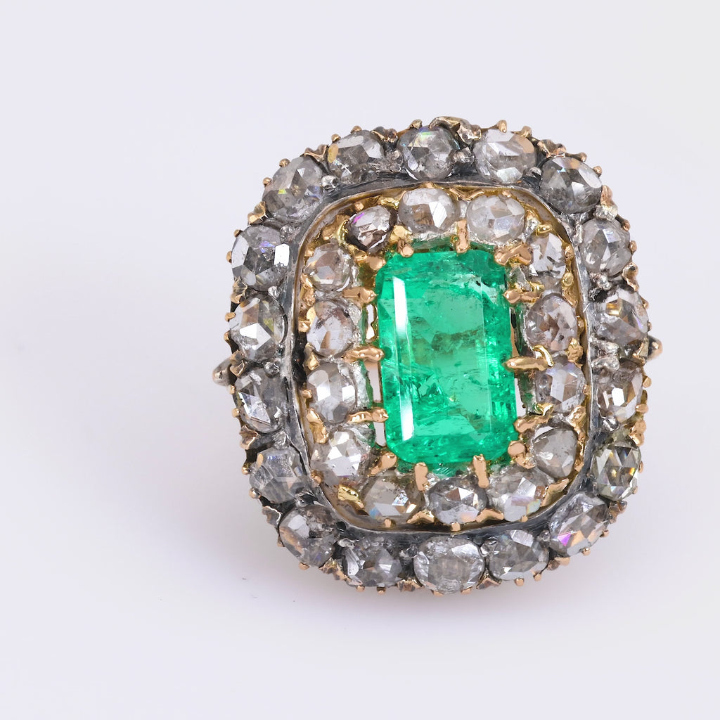 Late Victorian GIA Colombian Emerald Diamond Yellow Gold Cocktail Ring