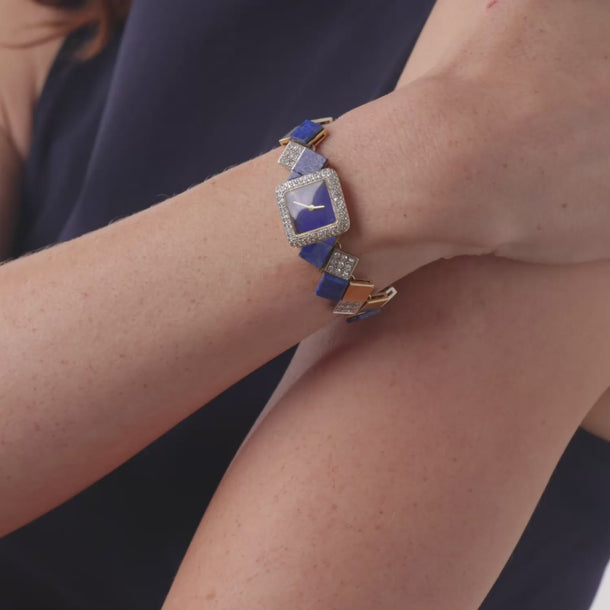 Vintage 3.30 carat diamond lapis lazuli 18k yellow gold watch