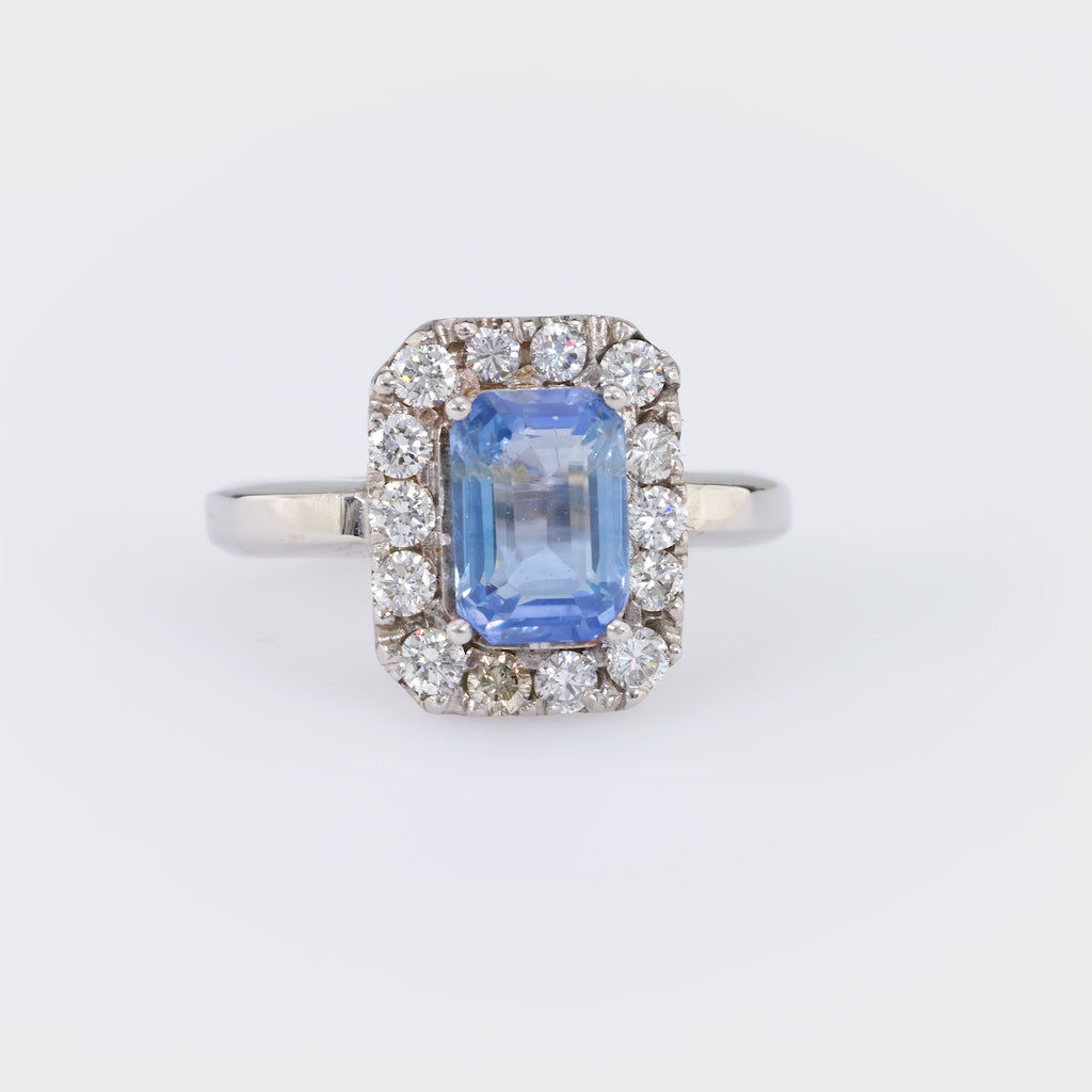 Mid Century Sapphire Diamond 14K White Gold Ring