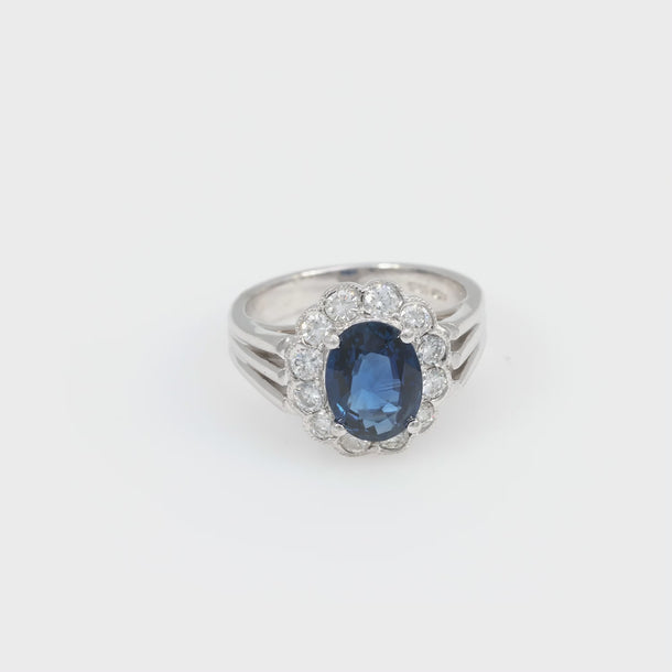 Vintage 1.95 carat sapphire diamond 18k white gold cluster ring Jack Weir & Sons